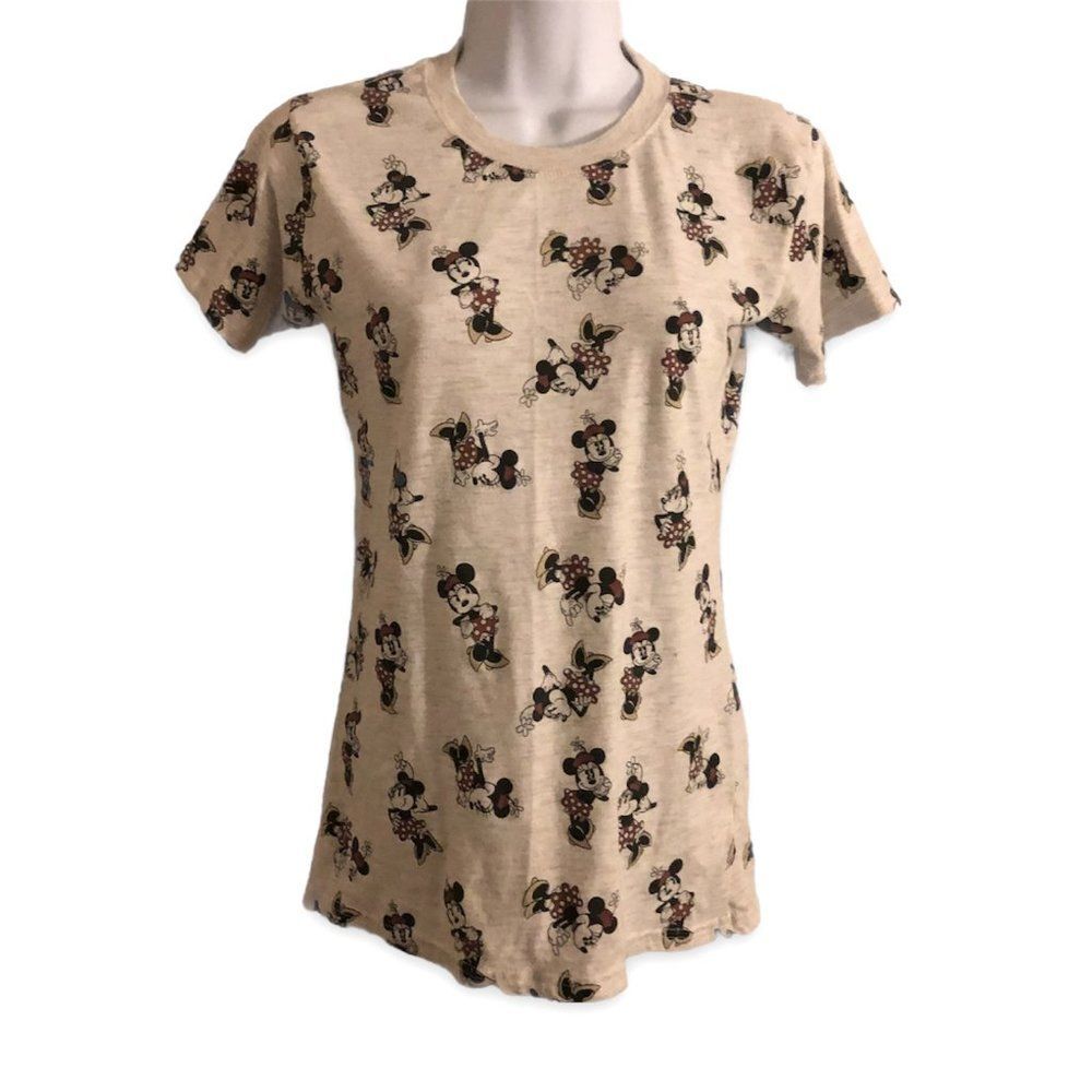 Disney Store Minnie Mouse All Over Graphic Short Sleeve T-Shirt Size S in Cream